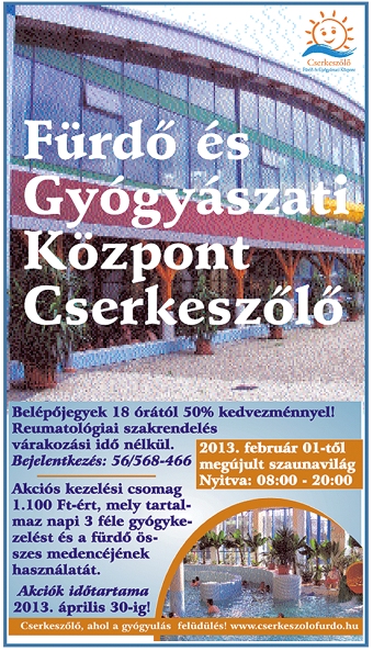 Fürdő és Gyógyászati Központ Cserkeszőlő februári ajánlata