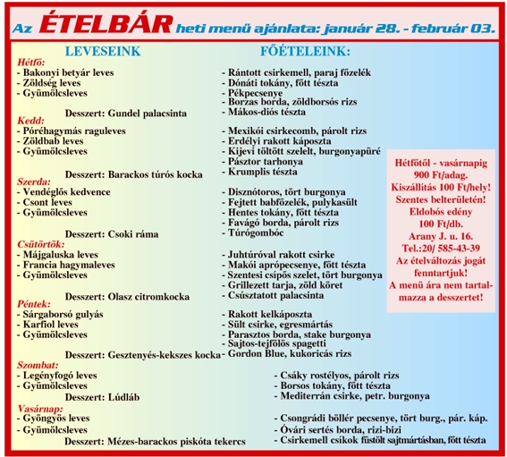 Ételbár heti menü ajánlata